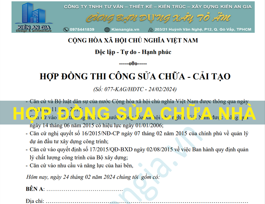 Mẫu Hợp Đồng Sửa Chữa Nhà